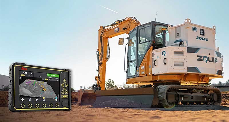 Excavator with a Leica tablet being shown that displays a visual representation of the excavation.