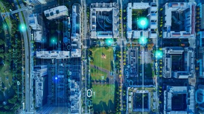 Modern city aerial view and digital transformation concept.