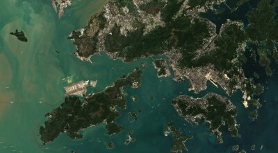 High resolution satellite image of Hong Kong City, China, based on Copernicus Sentinel 2 imagery 2019