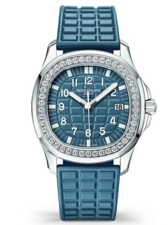 The blue-gray strap matches the blue-gray embossed dial very well.